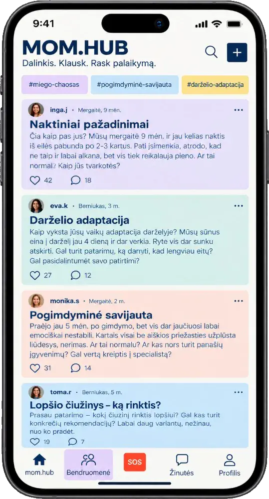 Mom.Hub ekranas mothering.live programėlėje